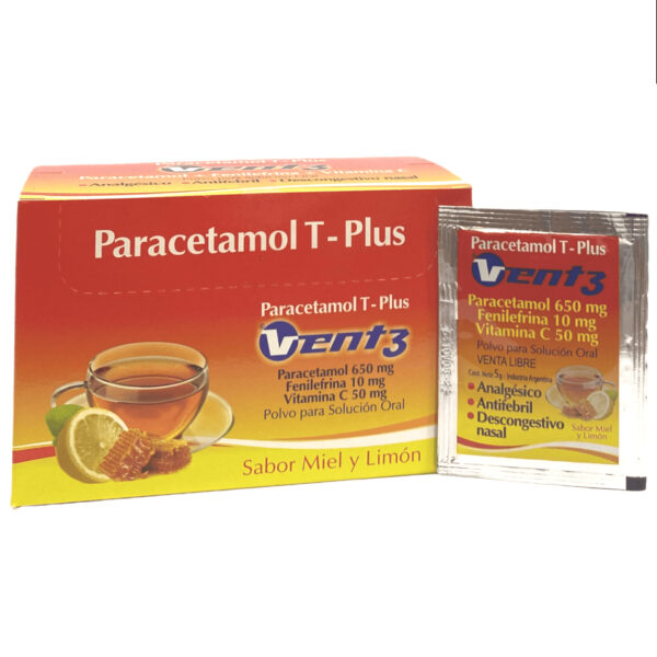 VENT3-T PLUS ANALGESICO ANTIFEBRIL DESCONGESTIVO PARACETAMOL 650MG FENILEFRINA 10MG VITAMINA C 50MG 5 SOBRES DE 5G